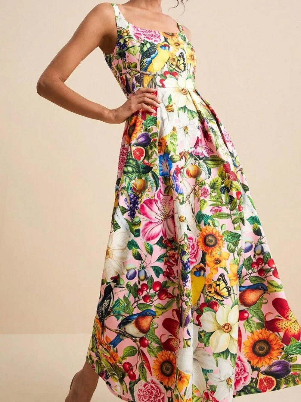 Pink Boho Women's U-Neck Spaghetti Strap Waist Flared Tropical Print Dress - Picture 6 of 8